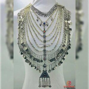 Handmade Kuchi Bib Necklace: Afghan Silver Tribal Jewelry